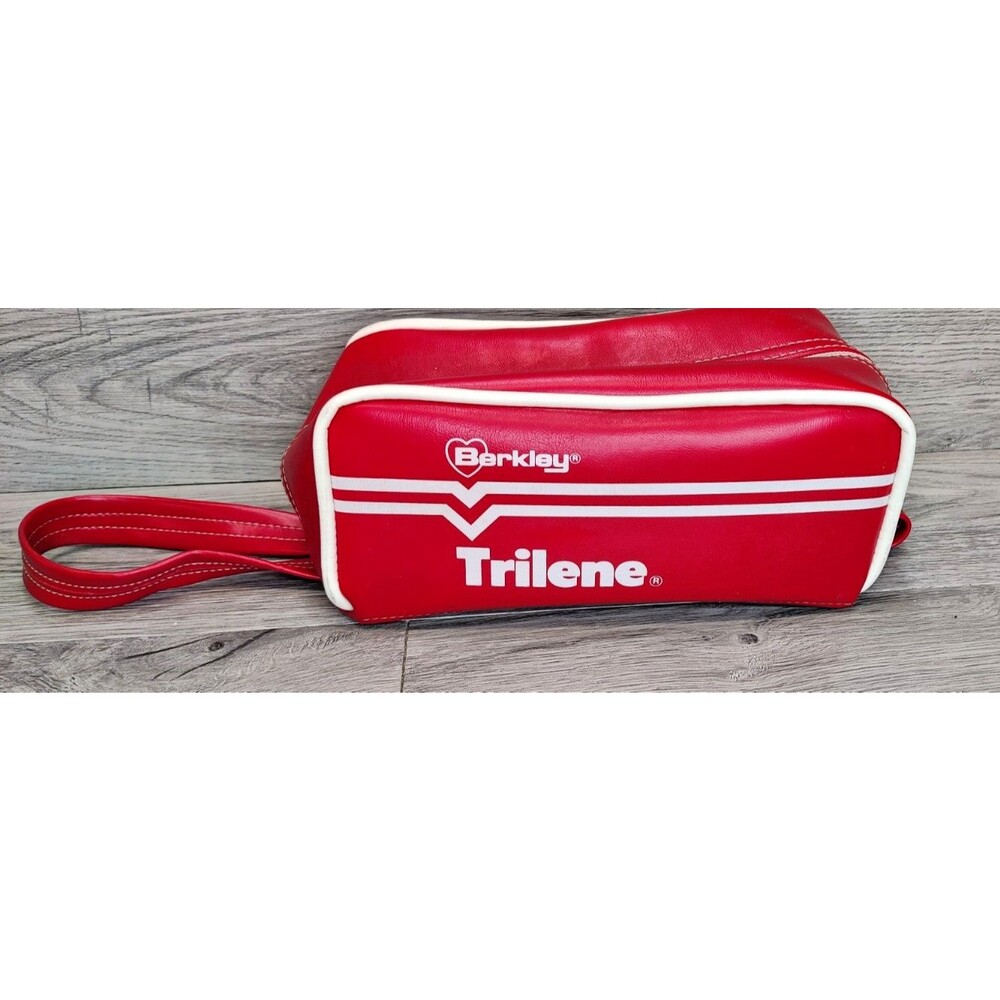Vintage Berkley Trilene Fishing Bag Red Vinyl Toiletry Dopp Kit Shave Reel Pouch